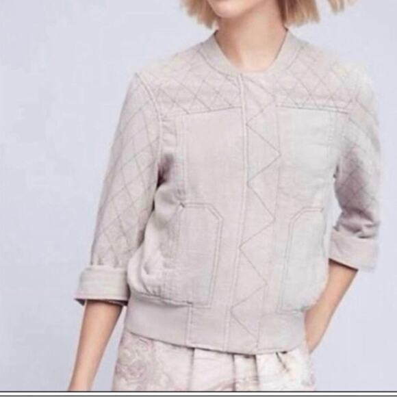 HEI HEI anthropologie Linen Blend bomber Zip up Front Jacket Beige boho L women - Picture 4 of 11